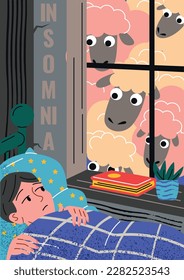Concept of insomnia. Man lies under covers on bed and looks out window at sheep. Mental disorder and psychology. Wrong daily routine and sleep problems. Cartoon flat vector illustration