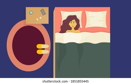 The concept of insomnia. A sleepless girl lies in bed with her eyes open, trying to sleep. The room has a bed and a nightstand with pills, a glass of water and a phone. Vector illustration.