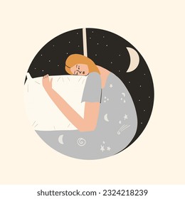 Concept of insomnia. A young girl hugs a pillow and cannot fall asleep. Lonely sad woman in depression. Vector illustration in flat style