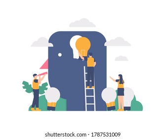 el concepto de inspiración, construcción de ideas, trabajo en equipo. ilustración de un equipo que trabaja conjuntamente para sustituir una lámpara de la cabeza. diseño plano. se puede utilizar para elementos, páginas de inicio, interfaz de usuario, sitios web.