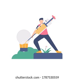the concept of inspiration, ideas injections, vitamins. illustration of a person injecting liquid into a light bulb. flat design. can be used for elements, landing pages, UI, websites.
