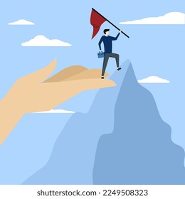 concept of inspiration or profit to achieve goals, coaching or mentor supporting employees to achieve business targets, businessman standing on giant helping hand to reach mountain top target flag