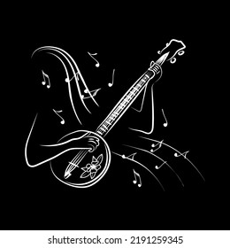 The concept of inspired banjo playing, a hand-drawn doodle. Stringed musical instrument. African culture. Flying notes. Music. Inspiration. Fingering. Illustration on a black background.