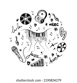 The concept of inspired piano playing, a hand-drawn doodle. A new hit. Microphone. Hands. Keys. Violin key and flying notes. Music. Inspiration. The pianist's hands. Isolated vector illustration.