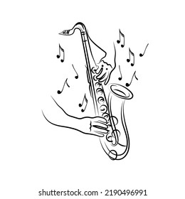 Concept of inspired saxophone playing, hand-drawn doodle. Hands on a musical instrument. Flying notes. Music. Inspiration.  Isolated vector illustration on white background.