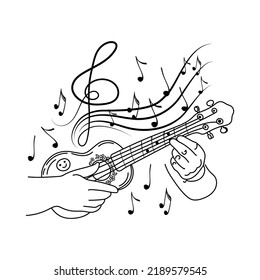 Concept of inspired ukulele playing, hand-drawn doodle. Little guitar. Hawaii. Flying notes. Music. Inspiration. Finger-picking. Isolated vector illustration on white background.