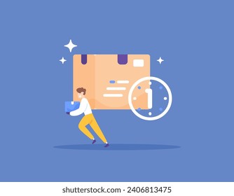The concept of instant delivery services. Super fast delivery service. one hour delivery or the same day. Illustration of a package box with a courier. work and business. flat illustration concept