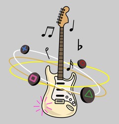 Concept Of Instrumental Sound. Vintage Stratocaster Style Electric Guitar. Musical Notes And Controls Revolve Around The Guitar.