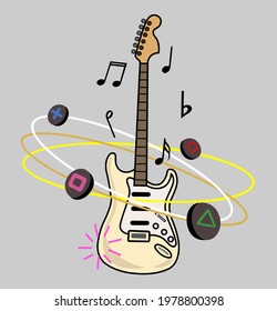 Concept of instrumental sound. Vintage Stratocaster Style Electric Guitar. Musical notes and controls revolve around the guitar.