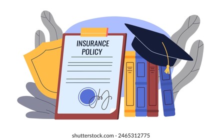 The concept of insurance agent training. Financial deal and agreement to university or college. Safety and security, protection of students. Flat vector illustration isolated on white background