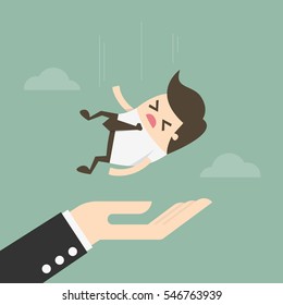 Concept Of Insurance. Businessman Falling On Big Hand. Business Concept Illustration.