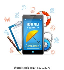 Concept Insurance Online Support Service Trendy Mobile App for Phone. Vector illustration