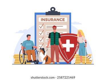 Concept insurance people with disabilities. People in wheelchair, character blindness man with dog. Finance and medical service. Healthcare document. Vector cartoon flat isolated illustration