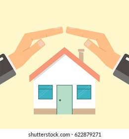 Concept of insurance and protection, security. Hands of agent protect house. Flat vector illustration.