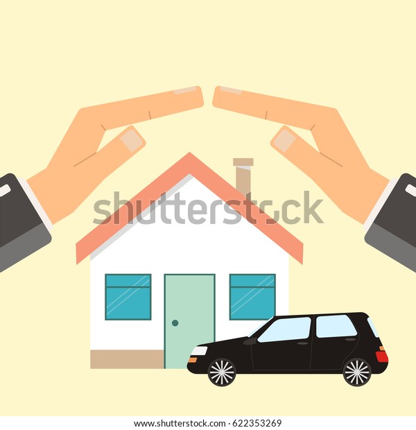 Concept of insurance\
and protection, security. Hands of agent protect house and car.\
Flat vector\
illustration.