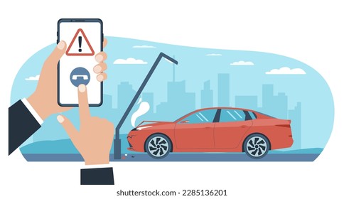 Concept of an insured event with a car. Car hit an obstacle, owner calls the insurance company. Vector illustration.