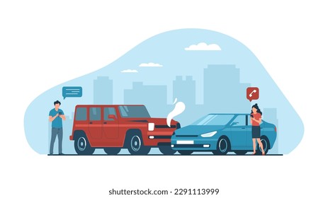 Concepto de evento asegurado con auto. Dos coches colisionaron. Los conductores, hombres y mujeres, llaman a la compañía de seguros. Ilustración vectorial.