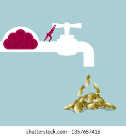 The concept of integration.Businessman closes the faucet.Isolated on blue background.	