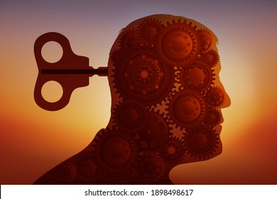 Concept of intellectual manipulation with the head of a man whose brain is replaced by a system of gears driven by a key.