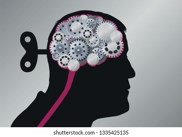 Concept of intellectual manipulation with a man’s head seen in profile with a key on the back of the skull symbolizing the grip on the mechanical brain, made of gears.