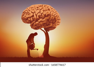 Concept of intelligence and knowledge culture with a man watering a tree whose foliage is symbolically replaced by a brain.