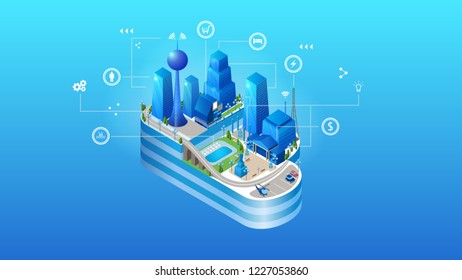 The concept of intelligent smart cloud city. Isometric projection of vector illustration of cloud management system of an intelligent city with buildings and infrastructure.