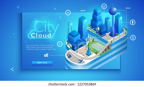The concept of intelligent smart cloud city. Isometric projection of banner vector illustration of cloud management system of an intelligent city with buildings and infrastructure.