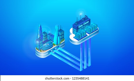 Das Konzept einer intelligenten Cloud-Stadt. Isometrische Projektion der Vektorgrafik des Cloud-Management-Systems einer intelligenten Stadt mit Gebäuden und Infrastruktur.