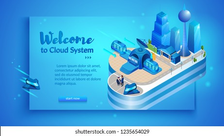 The concept of intelligent smart cloud city. Isometric projection of banner vector illustration of cloud management system of an intelligent city with buildings and infrastructure.