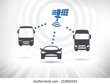 Concept With Intelligent Vehicles Connected Via Satellite. Vehicles In Front View. Fully Scalable Vector Illustration.