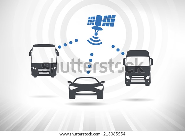 Concept\
with intelligent vehicles connected via satellite. Vehicles in\
front view. Fully scalable vector\
illustration.