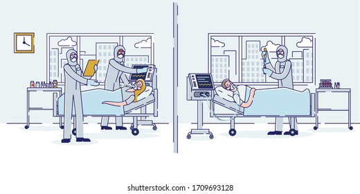 Concept Of Intensive Therapy. Sick Patients Man And Woman Are in Intensive Care Unit ?onnected To Ventilator Under Professional Medical Supervision. Cartoon Linear Outline Flat Vector Illustration