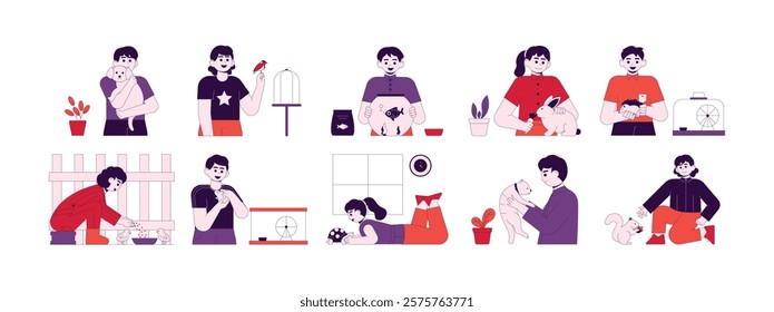 Concept of interaction characters between children and pets, playing with dogs, cats, rabbits and other small animals, feeding, vector illustration.