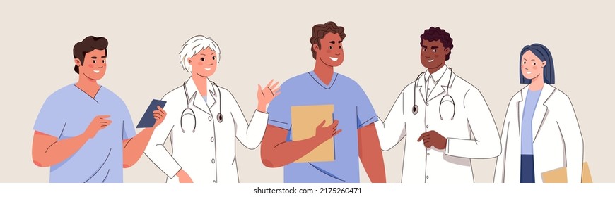 Concepto de interacción del personal de salud para proporcionar atención médica rápida y de alta calidad. Retrato de un equipo amigable de médicos. Ilustración vectorial plana.