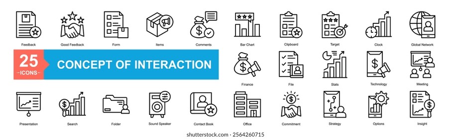 Concept of Interaction Icon Sheet Feedback, Meeting, Good Feedback, Form, Items, Comments, Bar Chart, Clipboard, Target, Clock, Global Network, Presentation, Search, Folder, Sound Speaker