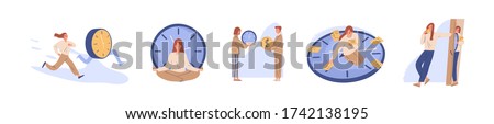 Concept of interaction people and time set vector flat illustration. Collection of man and woman business timing, earn money, self organization, missed opportunities, day planning isolated on white
