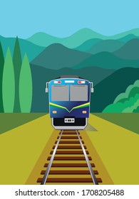The concept of intercity train front view background with forest and mountain drawing in vector