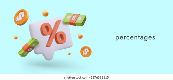 Concept of interest rate. 3D vector composition. Commentary with percentage sign, paper and metal money. Coins and banknotes. Tax payments. Horizontal layout for web design