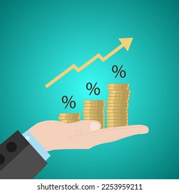 The concept of interest rate and dividends, income and return on investment in percent. Vector illustration of income, retirement, compensation