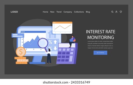 The concept of interest rate monitoring. Professionals analyze fluctuations in mortgage rates using a magnifying glass and charts, ensuring profitable financial decisions. Banking ideas. Flat vector.