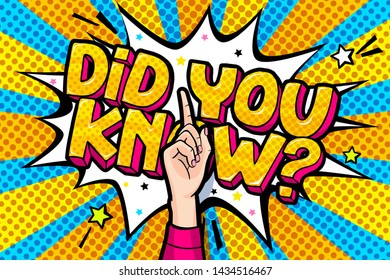 Concept of Interesting fact. Text Did you know in comic speech bubble with index finger up on burst background. Pop art style. Vector illustration