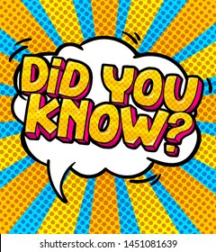 Concept of Interesting fact. Text Did you know in comic speech bubble on burst yellow background. Pop art style. Vector illustration