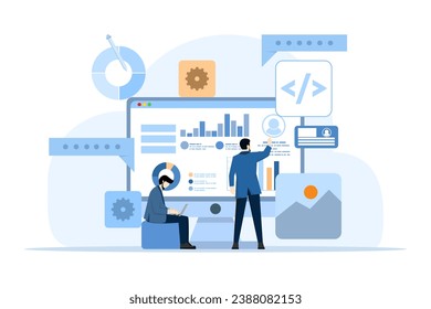 Concept of interface elements and browser window on laptop screen, web design, UI UX, software development, web design, app design, coding, web development flat illustration for landing page.