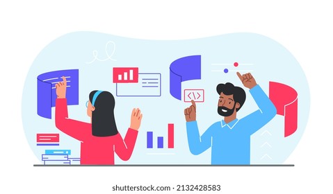 Concept of interface. Man and girl make out page on Internet, application development. Freelancers and coworking, colleagues working on same project, teamwork. Cartoon flat vector illustration