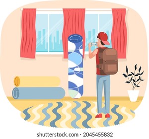 Concepto de decoración interior. La sala de fotografías está situada cerca de alfombras rodadas en casa, el dormitorio con alfombra, el apartamento está equipado, selecciona el diseño de la habitación, elige el suelo. Mat. text. blandas de suelo, moqueta