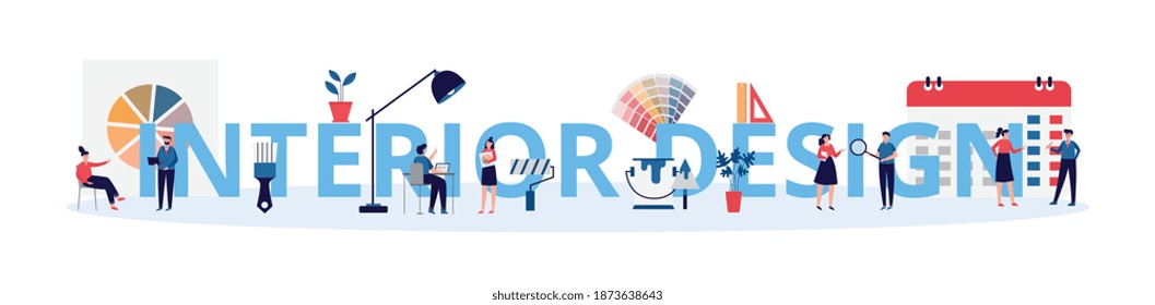 Concept of interior design with tools, color palettes and tiny characters designers working on plans of decoration for repair and construction for houses. Vector flat illustration.