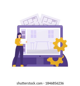 the concept of an interior designer or freelancer. illustration of a woman standing and using a tablet, computer screen, floor plan, and a gear. flat style. design elements.