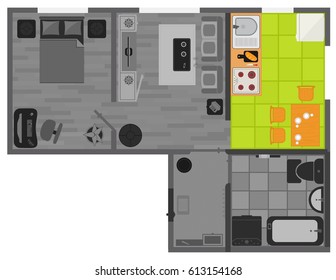 concept interior flat design on top view with kitchen accent
