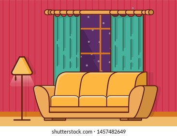 Concept of the interior of the living room with a sofa and a window with curtains and a floor lamp. A flat illustration line art vector.