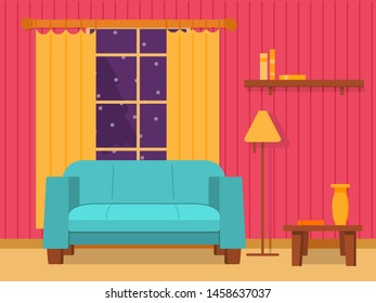 Concept of the interior of the living room with a sofa and a window with curtains and a floor lamp. A flat illustration line art vector.